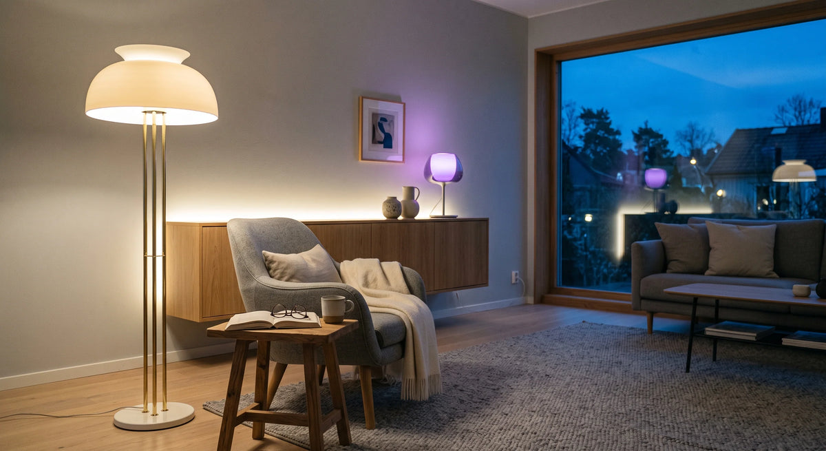 Eine moderne, architektonische Stehlampe spendet warmes Licht für eine gemütliche Leseecke in einem minimalistischen Wohnzimmer.