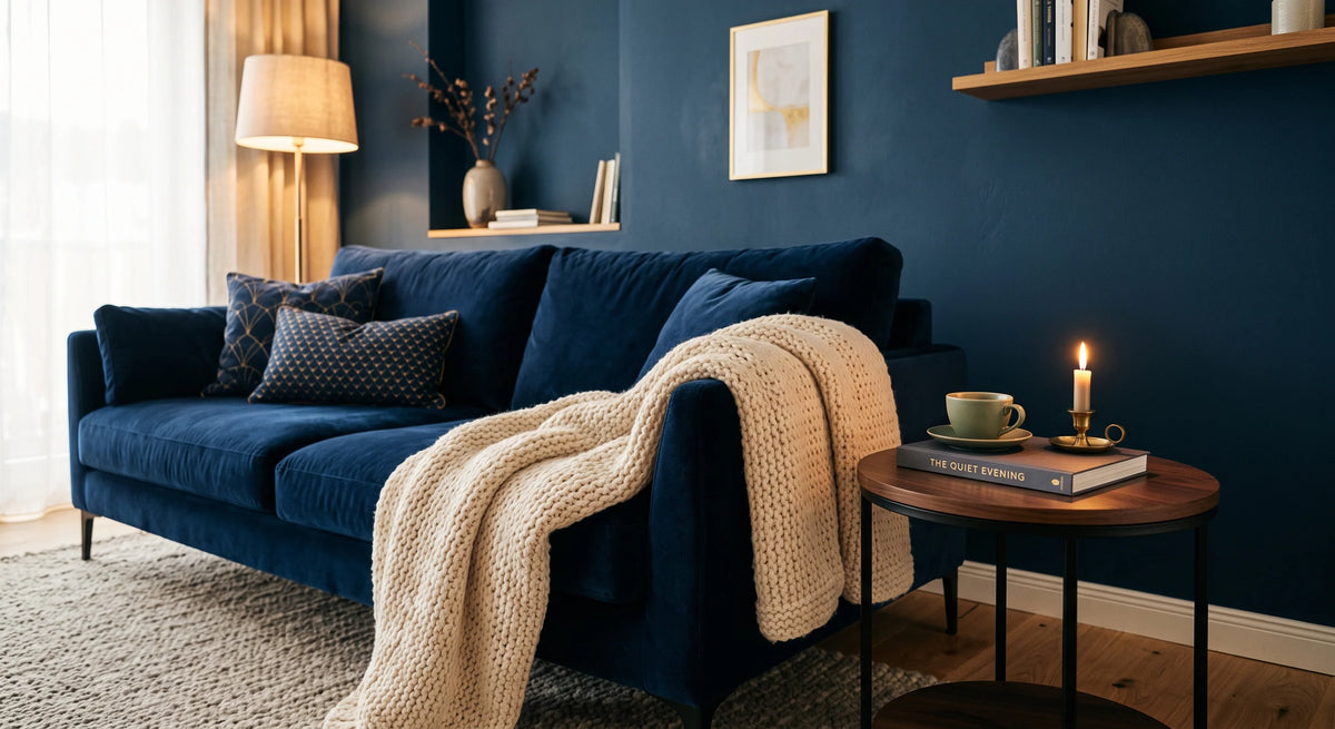 Ein gemütliches, modern eingerichtetes Wohnzimmer mit einem dunkelblauen Sofa, einer hellen Kuscheldecke und einem kleinen Beistelltisch.