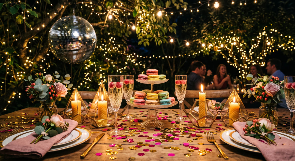 Festlich gedeckter Tisch für eine abendliche Gartenparty mit Sektgläsern, Macarons, Konfetti und warmen Lichterketten im Hintergrund.