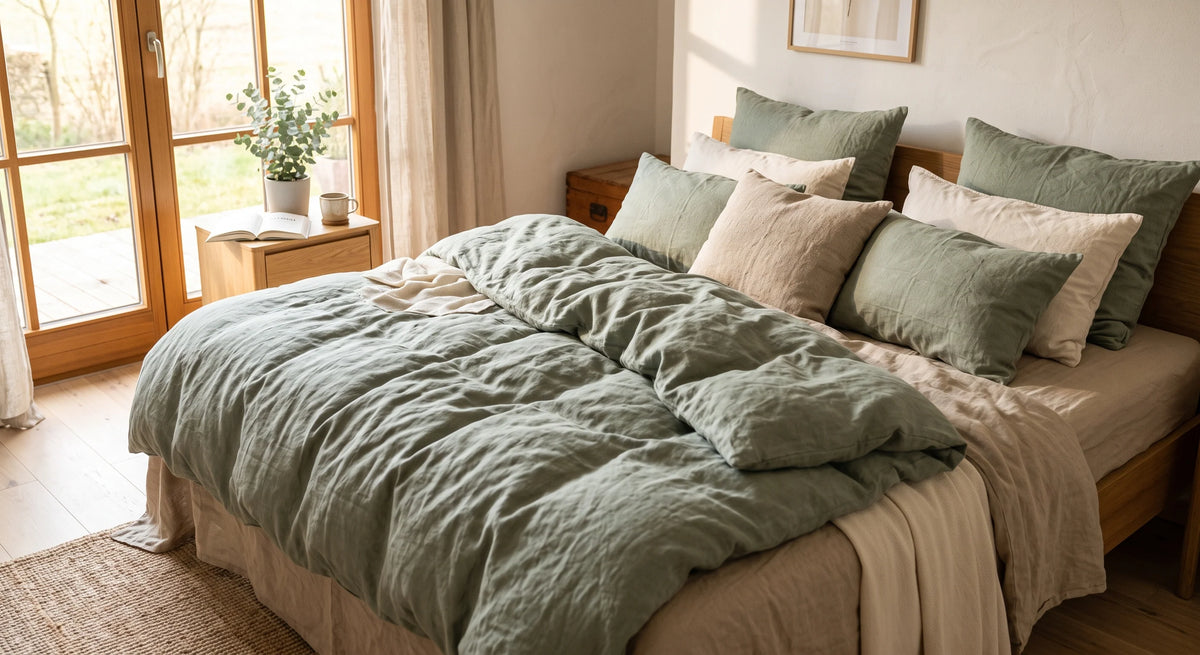 Ein gemütliches, einladendes Bett mit hochwertiger Leinenbettwäsche in sanften Erdtönen und mehreren flauschigen Kissen im warmen Morgenlicht.