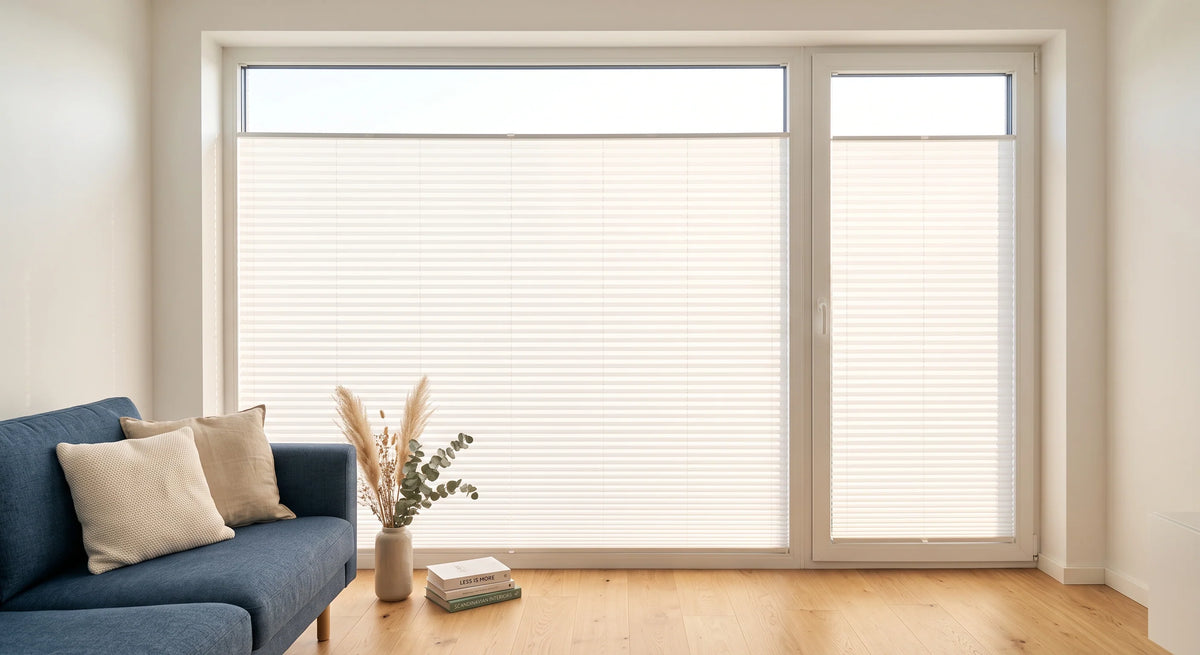 Ein helles Fenster, das mit halboffenen, weißen Plissees bedeckt ist, durch die weiches Sonnenlicht in den Raum fällt.