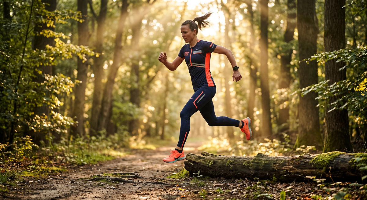 Eine dynamische Person in professioneller Laufkleidung springt bei Sonnenaufgang energiegeladen über einen Baumstamm im Wald.