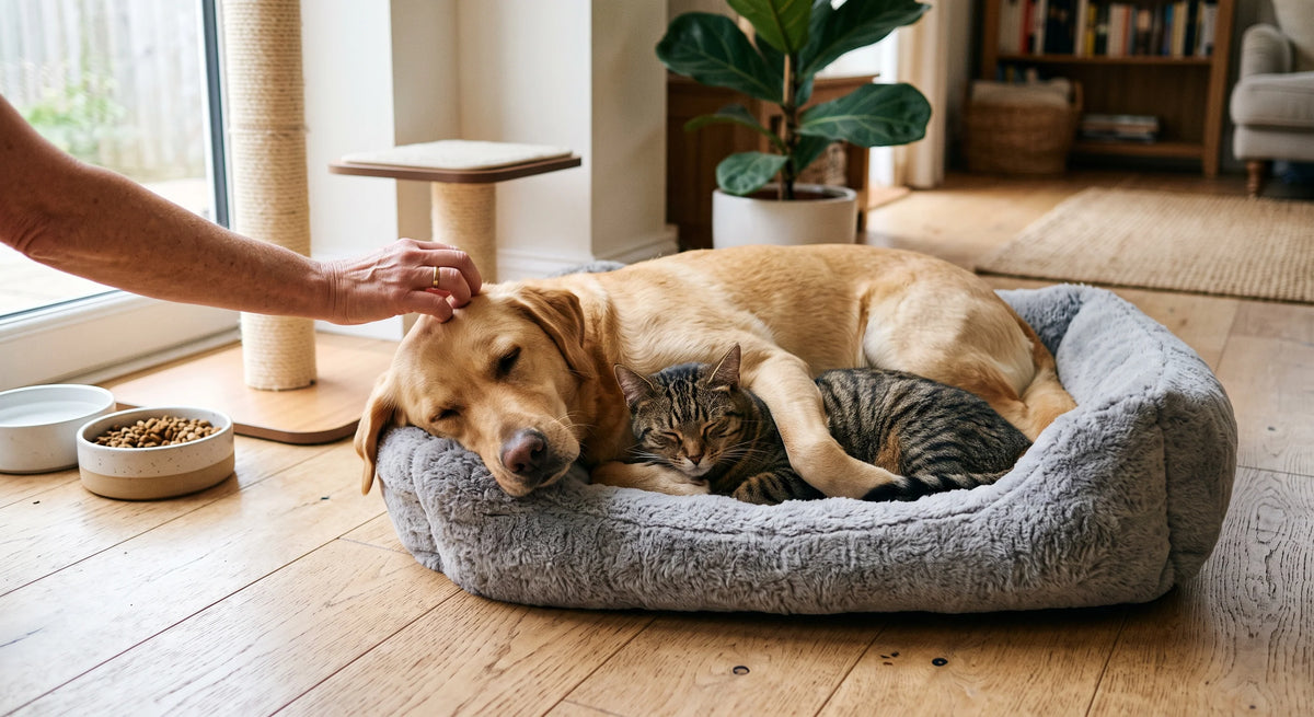 Ein glücklicher Hund und eine Katze liegen entspannt zusammen in einem kuscheligen grauen Haustierbett auf einem hellen Holzboden.