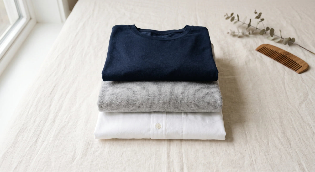 Frisch gefaltete, hochwertige Wäsche, darunter ein weißes Hemd und dunkle Pullover, ordentlich gestapelt auf einem hellen Hintergrund.