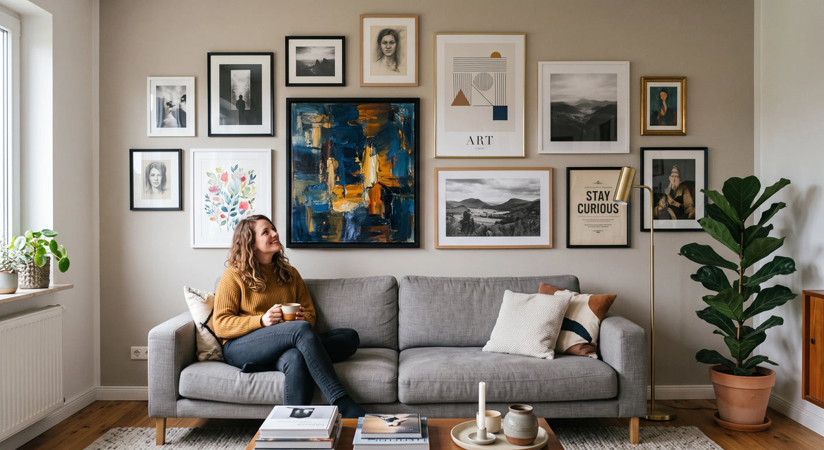 Eine stilvolle Bilderwand mit verschiedenen gerahmten Kunstwerken, abstrakten Gemälden und Fotografien über einem Sofa.