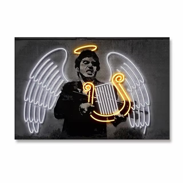 Engel der Musik Wandbild mit Neon-Leucht-Effekt und Kopfhoerern