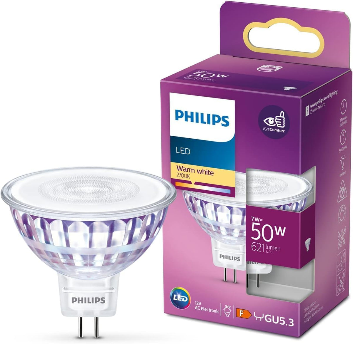 Philips LED Classic GU5.3 Lampe, 50 W, Reflektor, silber, warmweiß | Geprüfte B-Ware