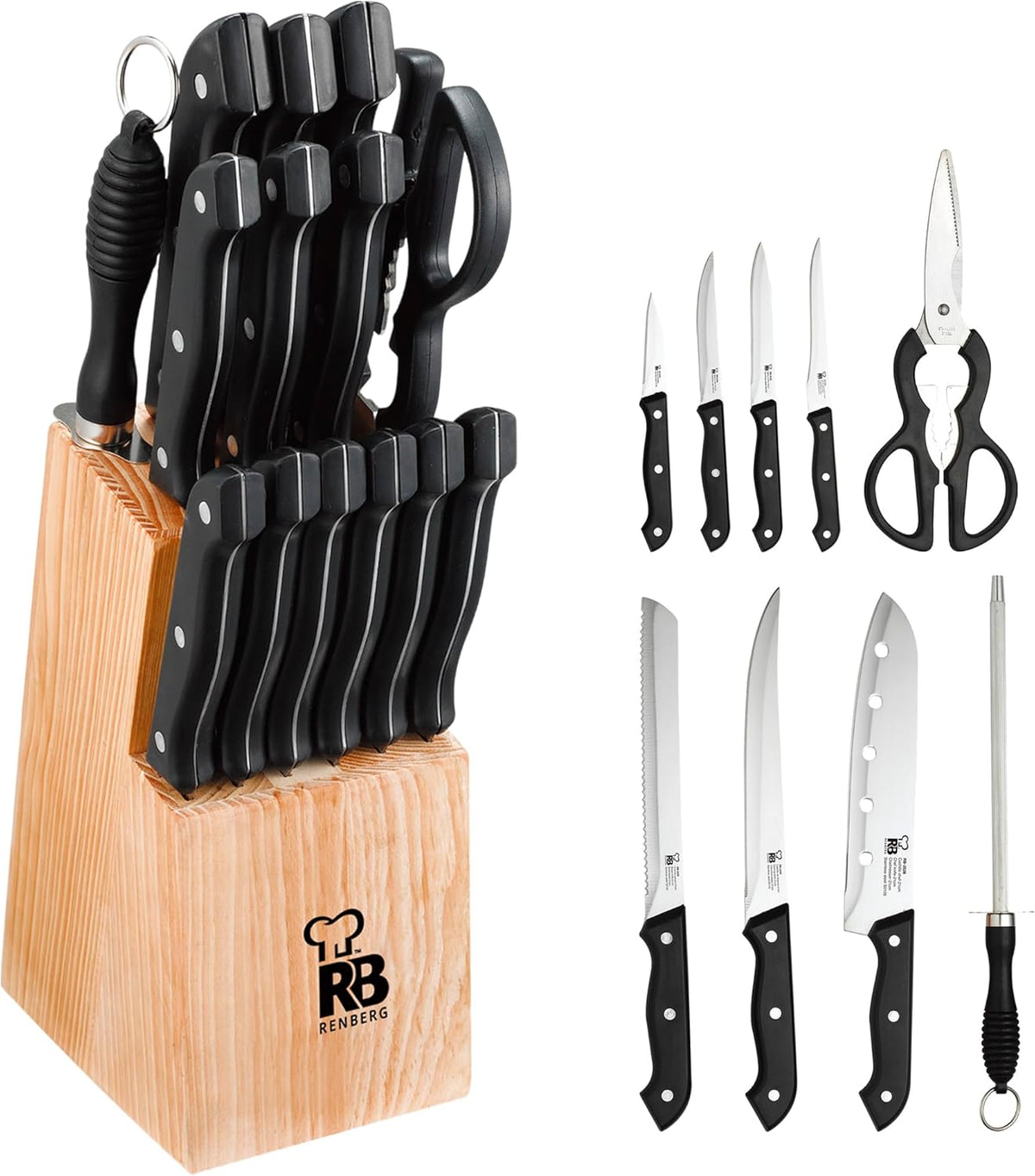 Renberg Tenessy Küchenmesser-Set, 15-teilig, mit Holzblock | Geprüfte B-Ware
