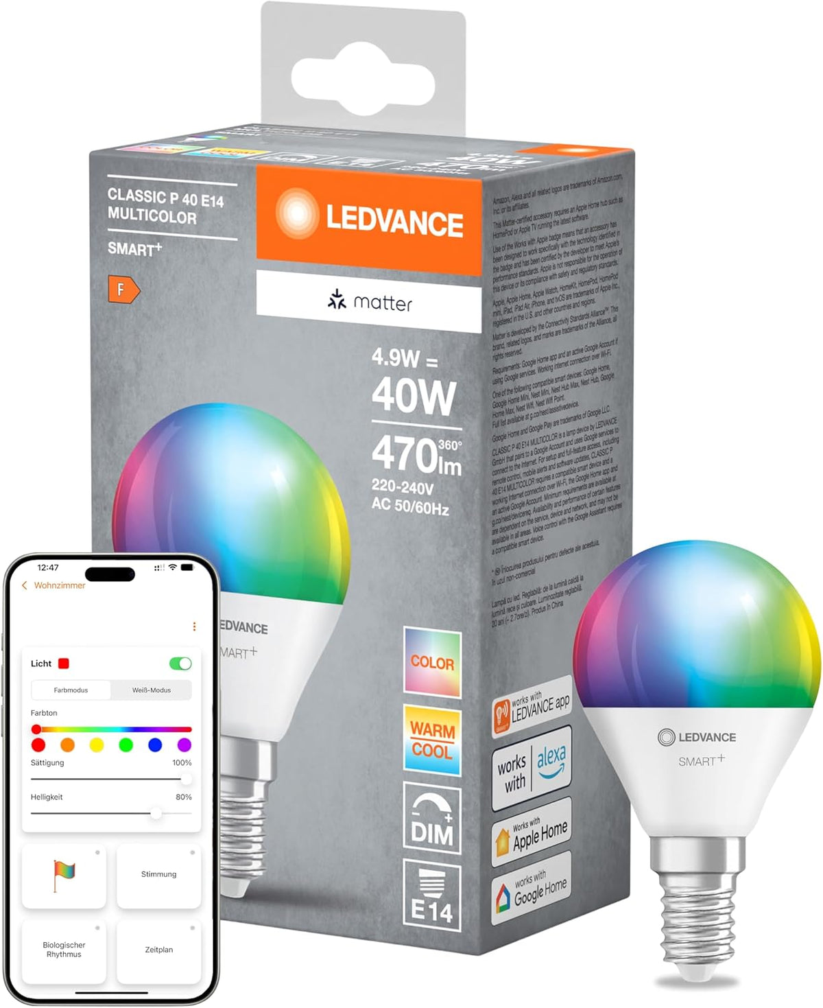 LEDVANCE SMART+ Matter LED-Lampe E14, 4,9 W, RGBW, 470 lm | Geprüfte B-Ware