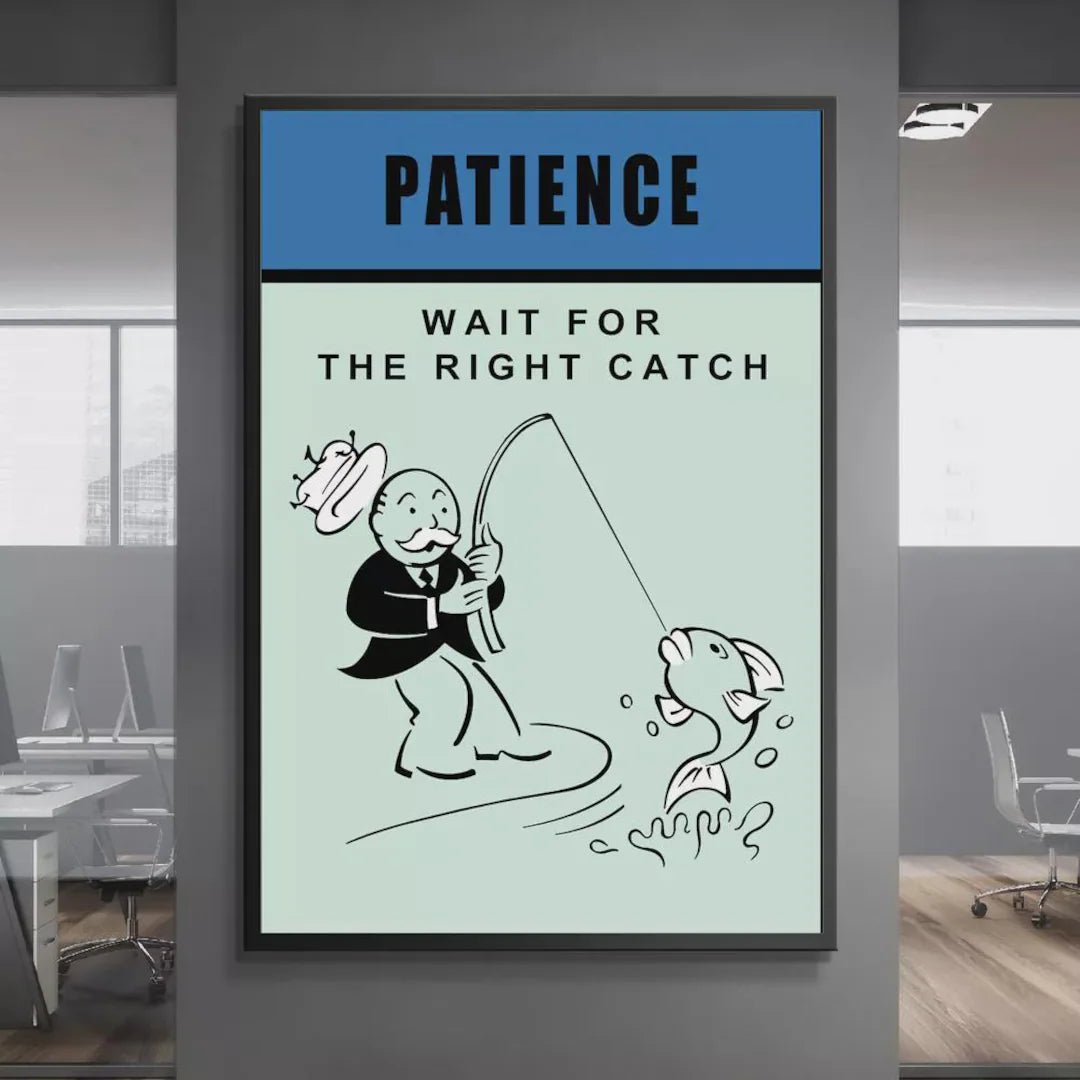 Patience minimalistischer Angler Kunstdruck mit Statement Wait for the right catch