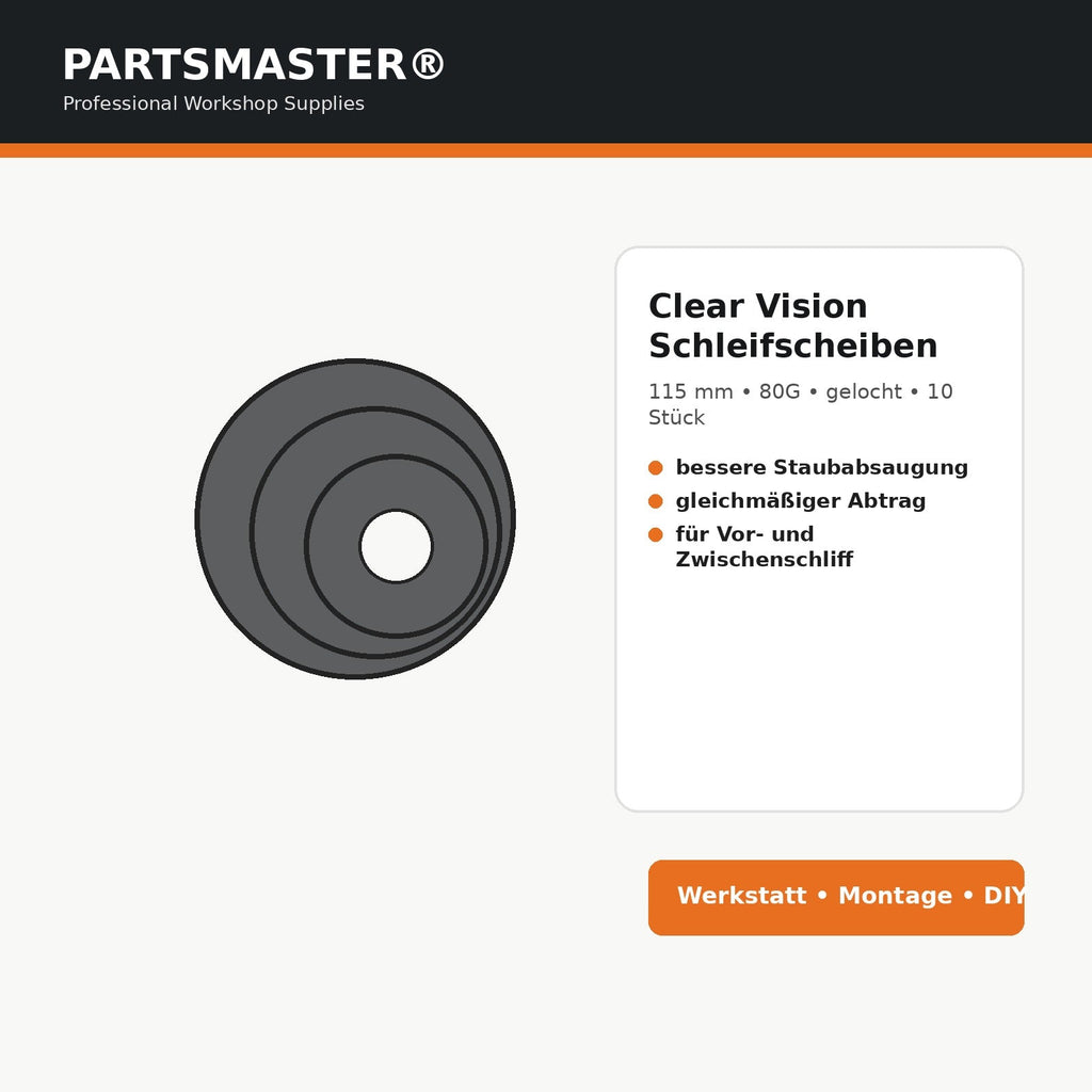 PARTSMASTER Clear Vision Schleifscheiben 115 mm 80G gelocht Infografik 10 Stück