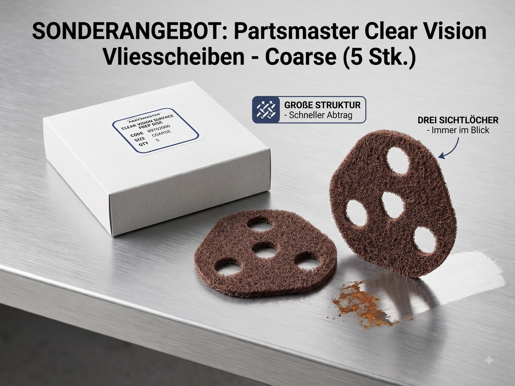 Partsmaster Clear Vision Vliesscheibe Coarse, Verpackung und zwei Scheiben mit Sichtlöchern