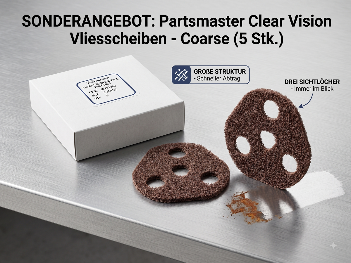 Partsmaster Clear Vision Vliesscheibe Coarse, Verpackung und zwei Scheiben mit Sichtlöchern