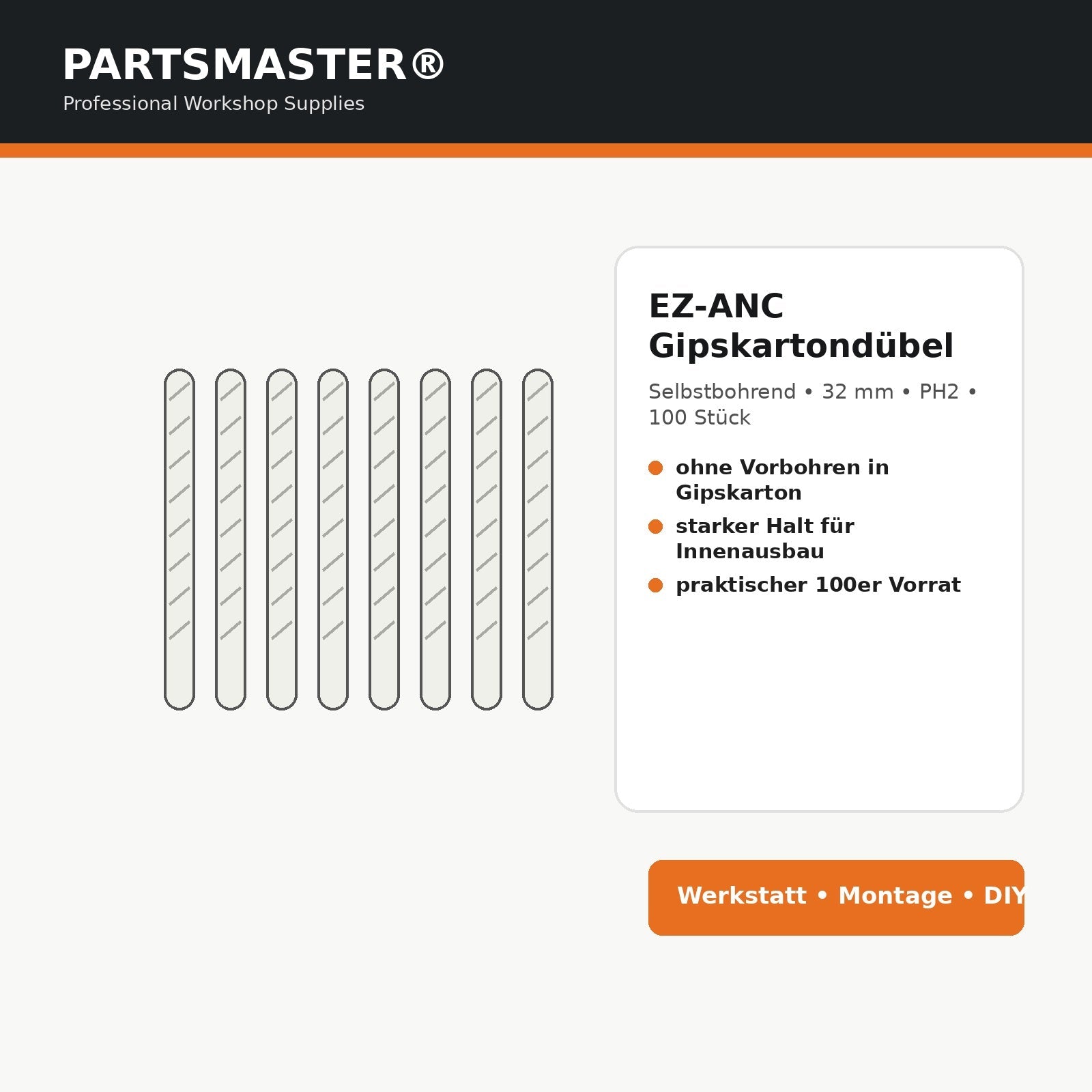 PARTSMASTER EZ-ANC Gipskartondübel 100 Stück Infografik selbstbohrend 32 mm PH2