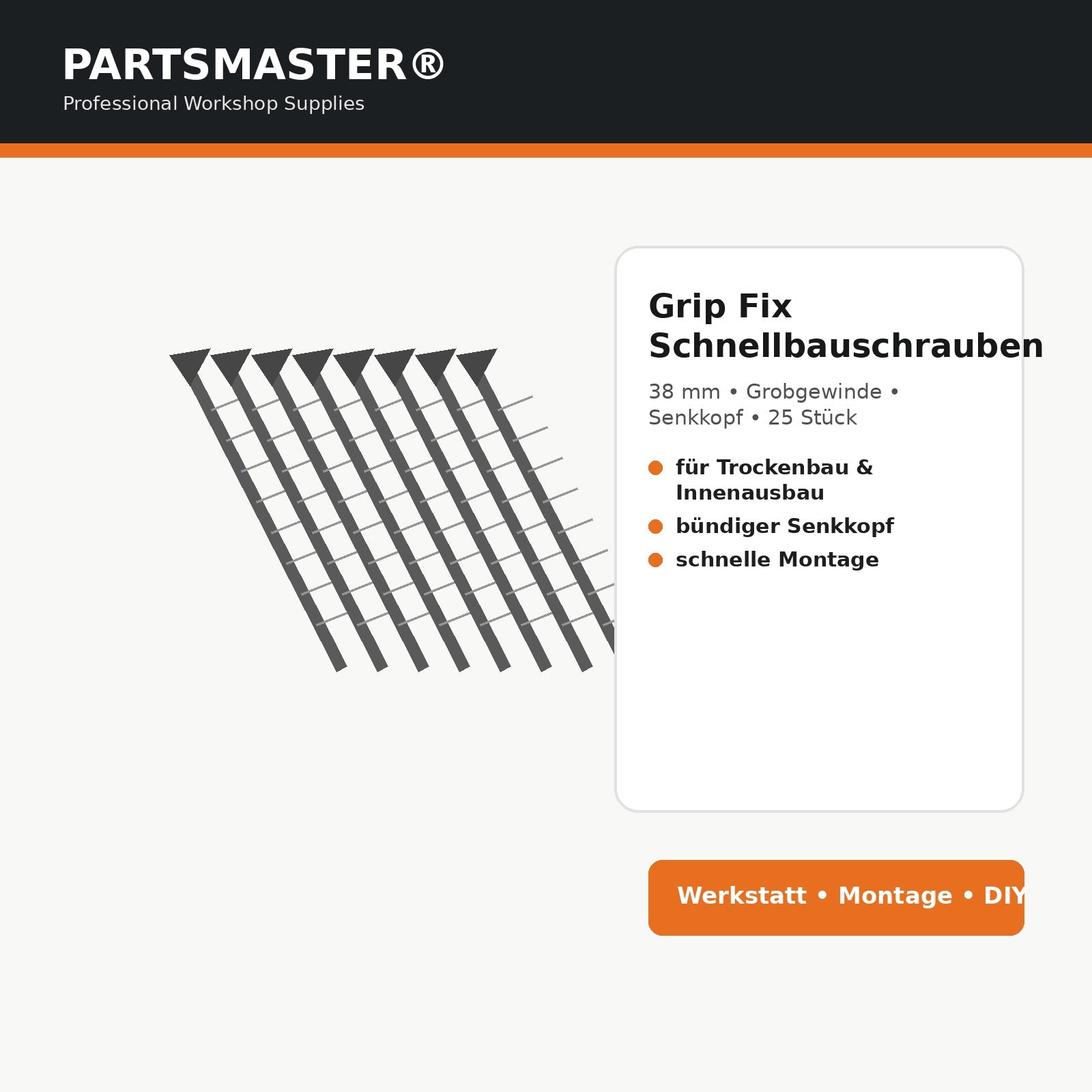 PARTSMASTER Grip Fix Schnellbauschrauben 38 mm Grobgewinde Infografik 25 Stück