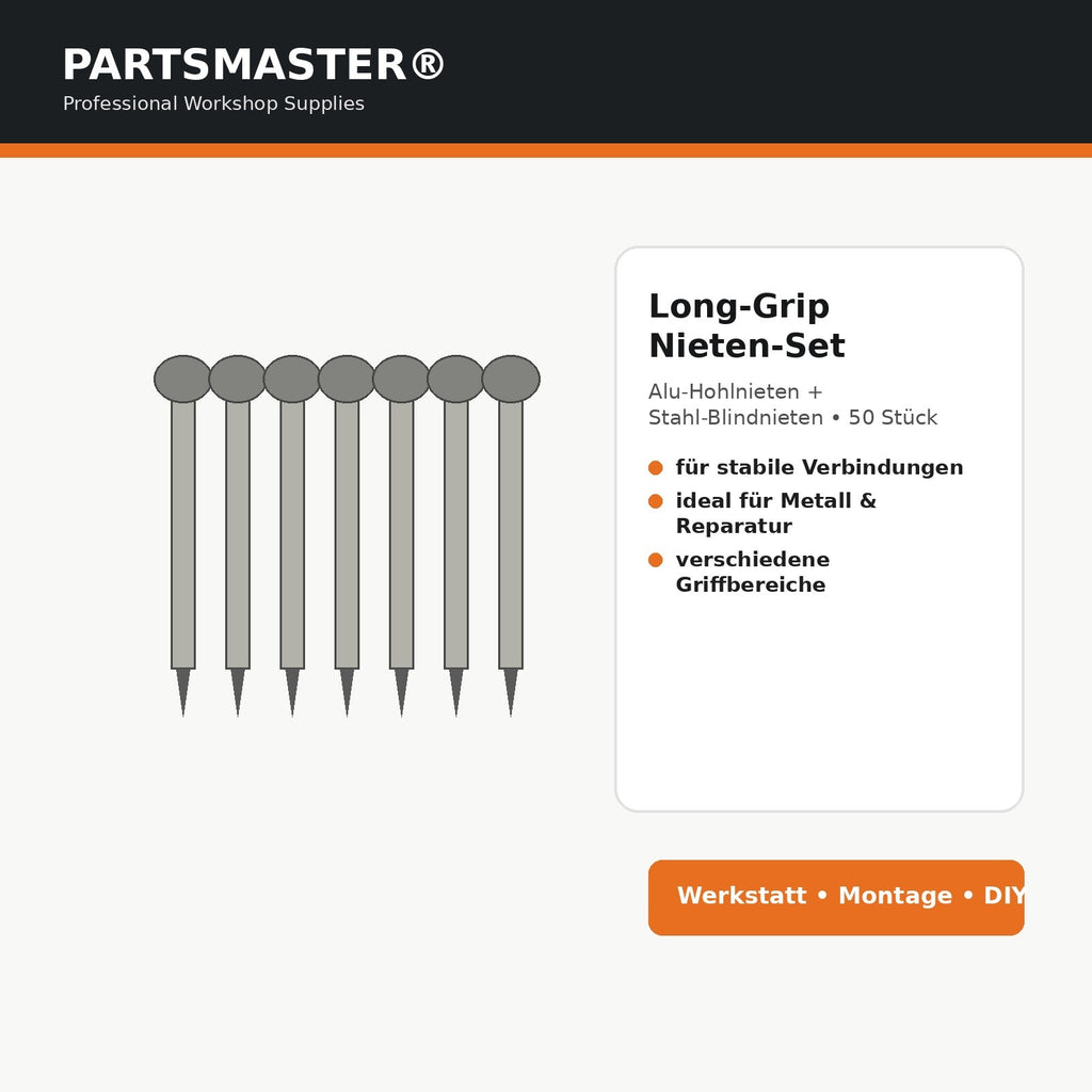 PARTSMASTER Long-Grip Nieten-Set Infografik Aluminium Hohlnieten Stahl Blindnieten 50 Stück