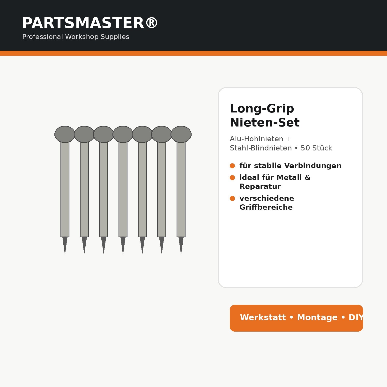 PARTSMASTER Long-Grip Nieten-Set Infografik Aluminium Hohlnieten Stahl Blindnieten 50 Stück